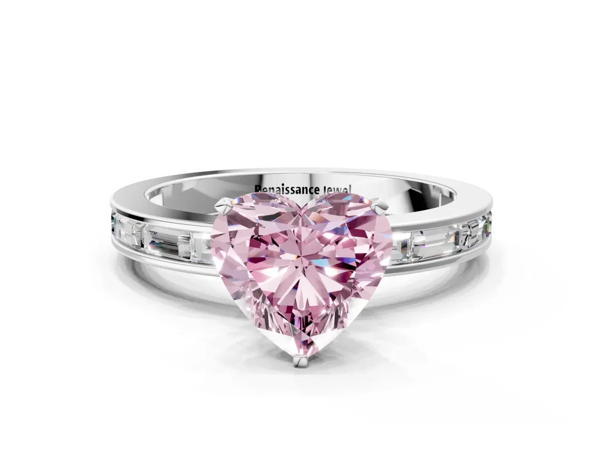 Fancy Pink Heart Cut Solitaire Diamond Ring with Channel-Set Baguette Band and Four-Prong Setting White gold