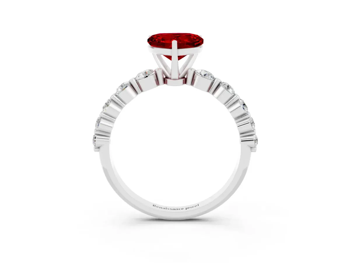 Heart Cut Solitaire Ruby Ring with Pave Band and Four-Prong Setting White gold