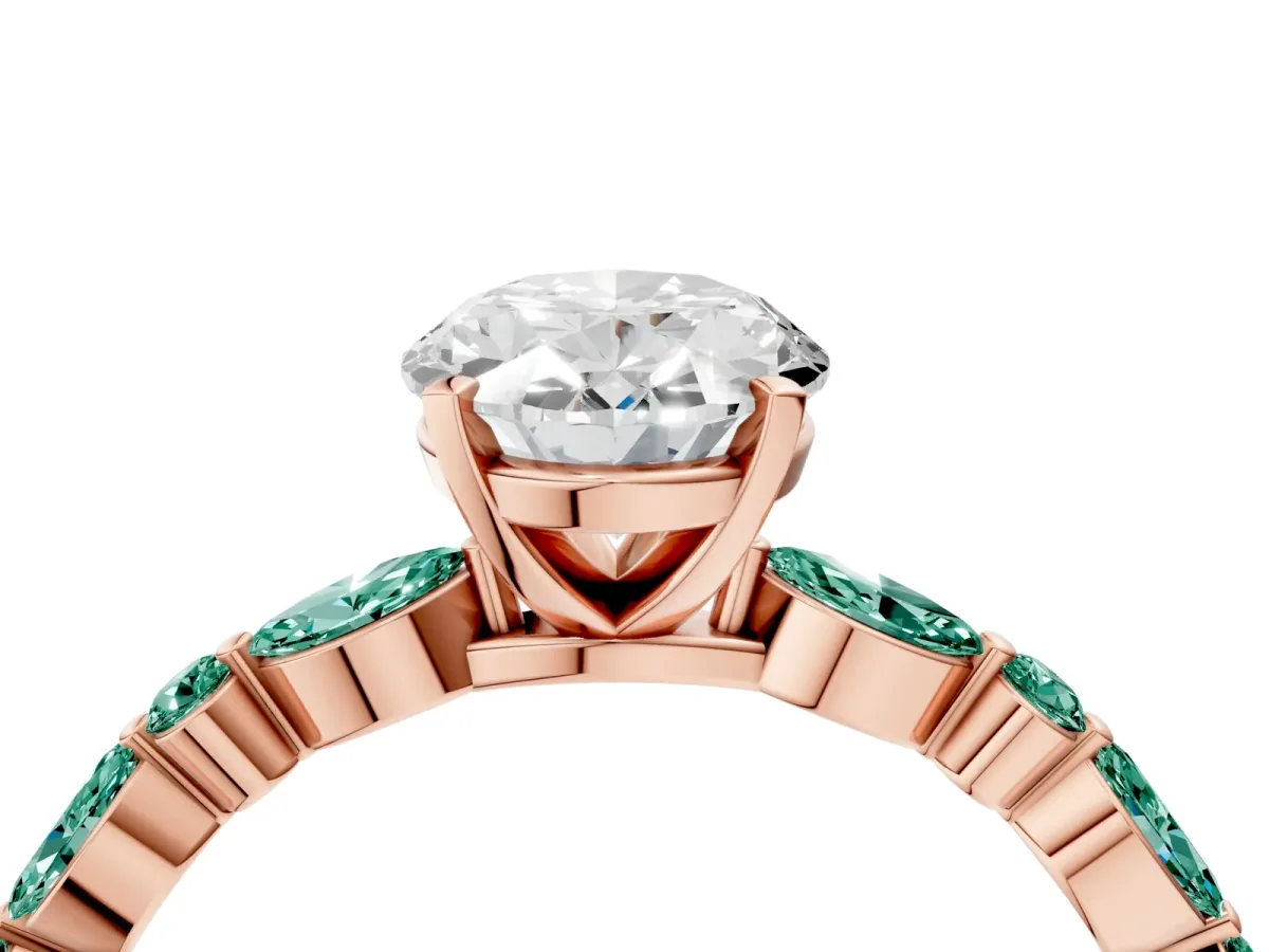 Oval Cut Diamond Ring with Marquise and Round Green Sapphire Side Stones and Four-Prong Setting Rose gold