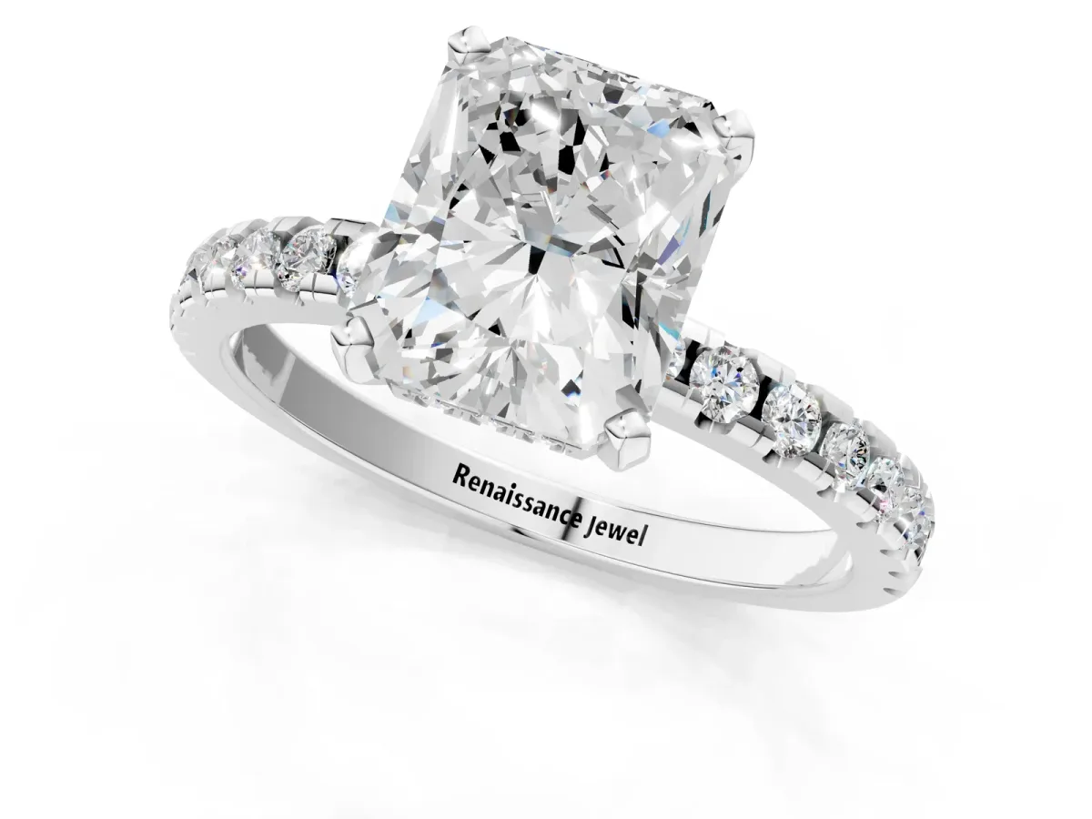 Radiant Cut Diamond Solitaire Ring with Round Moissanite Pavé Band and Four-Prong Setting White gold