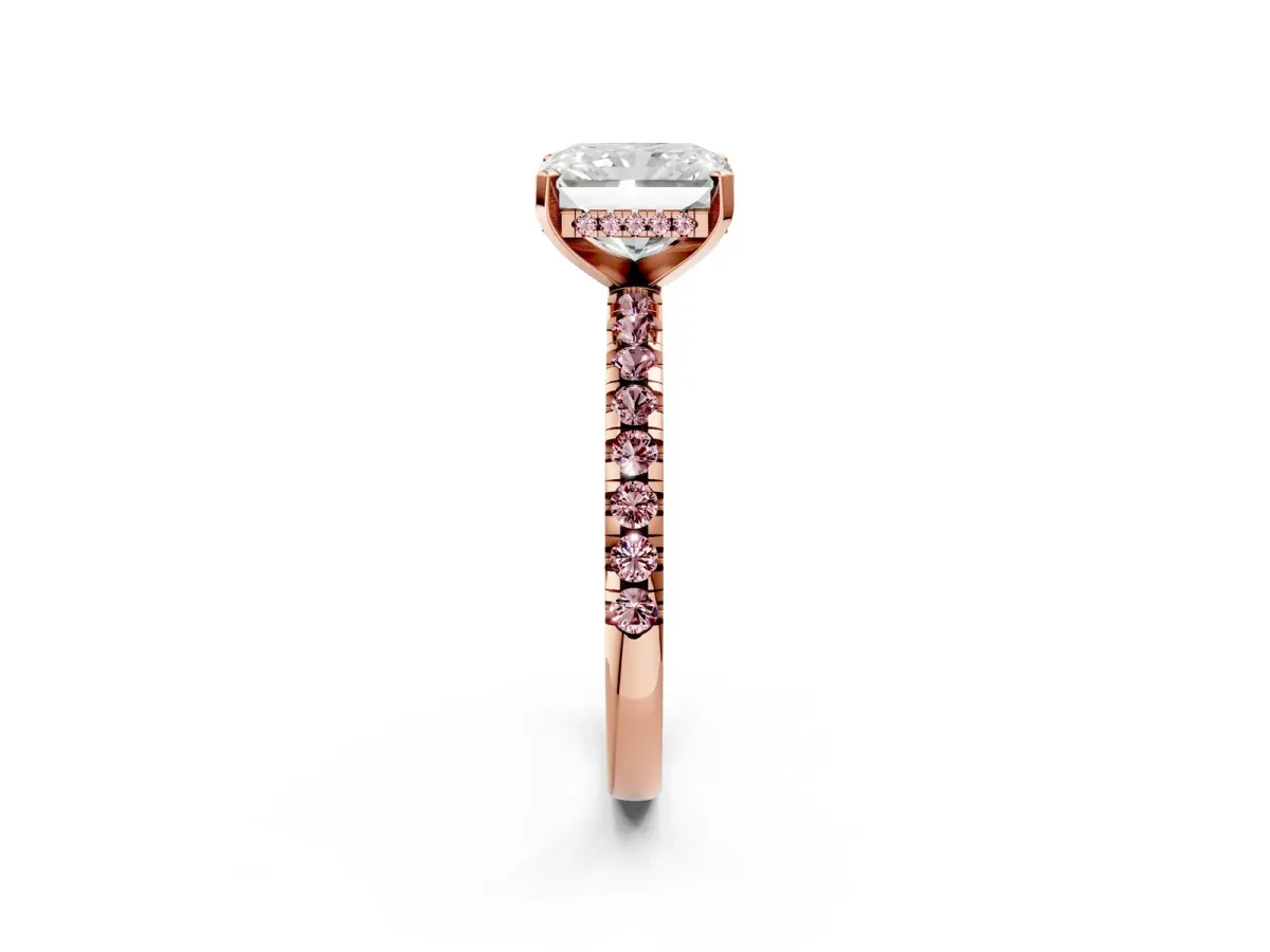 Radiant Cut Diamond Solitaire Ring with Round Morganite Pavé Band and Four-Prong Setting Rose gold