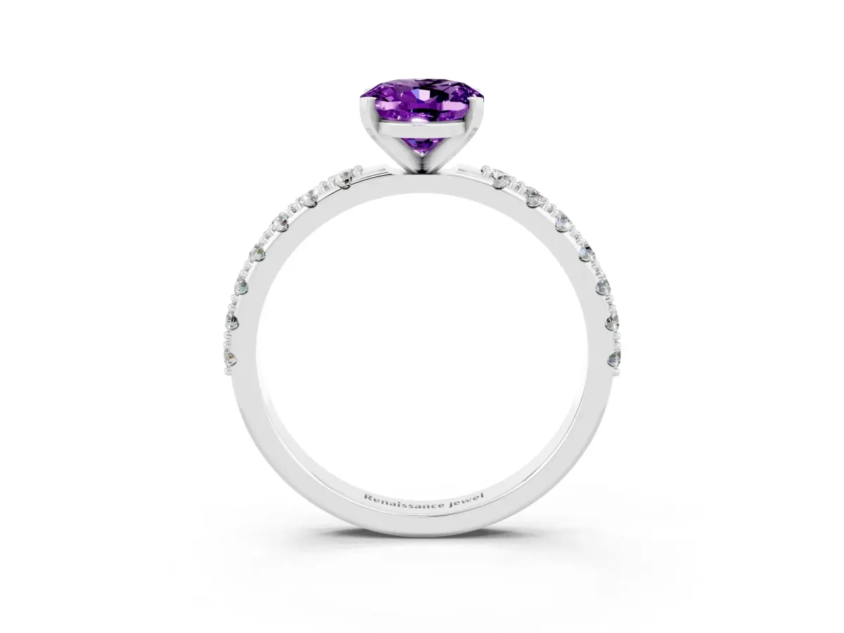 Oval Cut Amethyst Solitaire Pavé Band with Four-Prong Setting Silver