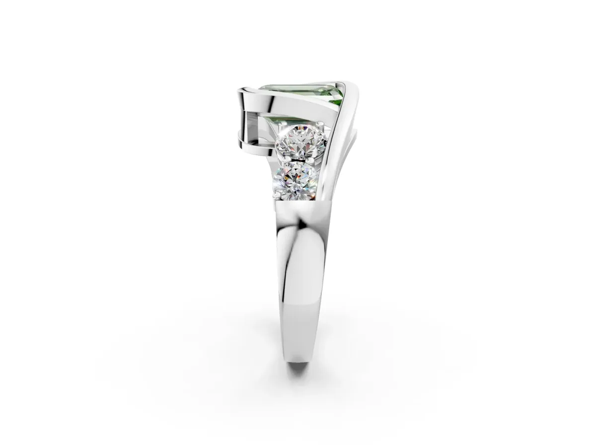 Fancy Green Bezel Set Emerald Cut Diamond Bypass Ring with Round Accents Silver