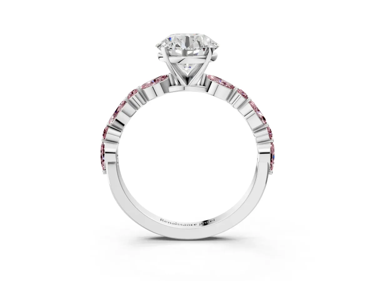 Round Cut Diamond Ring with Marquise and Round Morganite Side Stones and Four-Prong Setting White gold
