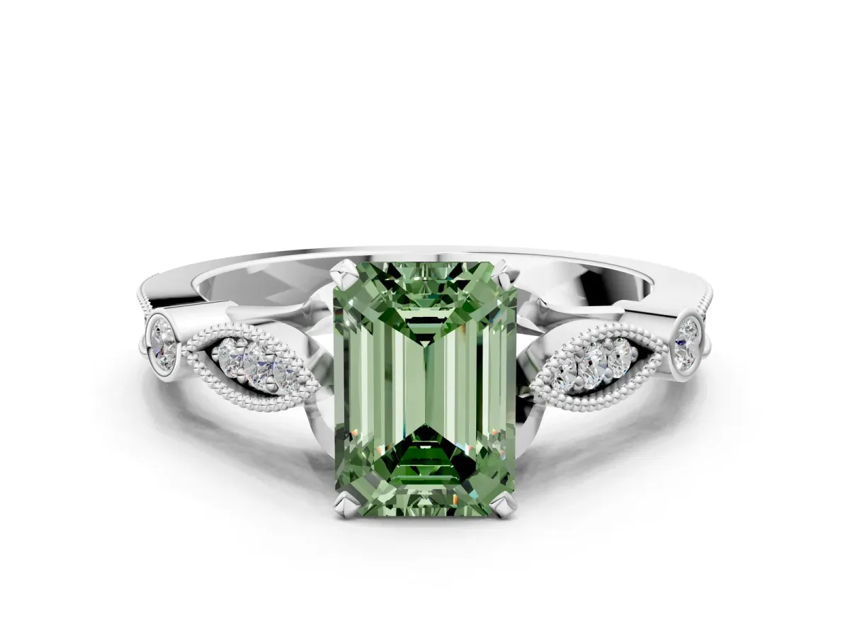 Fancy Green Emerald Cut Cut Diamond with Milgrain Marquise and Bezel Accents on a Solitaire Band with Prong Setting Silver