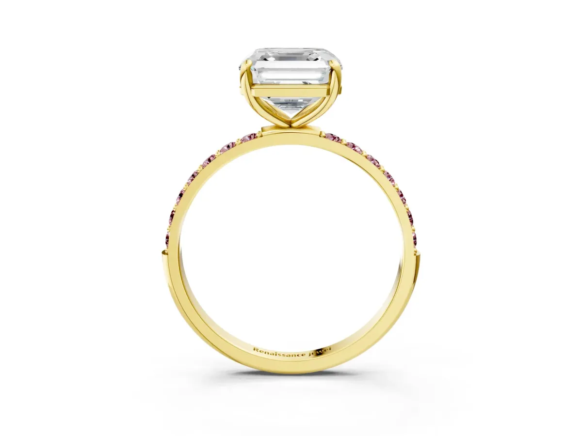 Asscher Cut Diamond Solitaire Ring with Round Morganite Pavé Band and Prong Setting Yellow gold