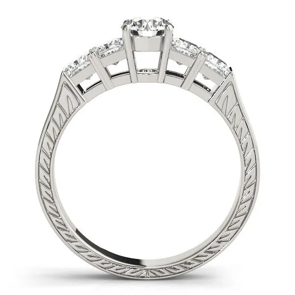 Pear Cut Solitaire Princess Side Stone Engraved Band Prong Setting Ring Silver
