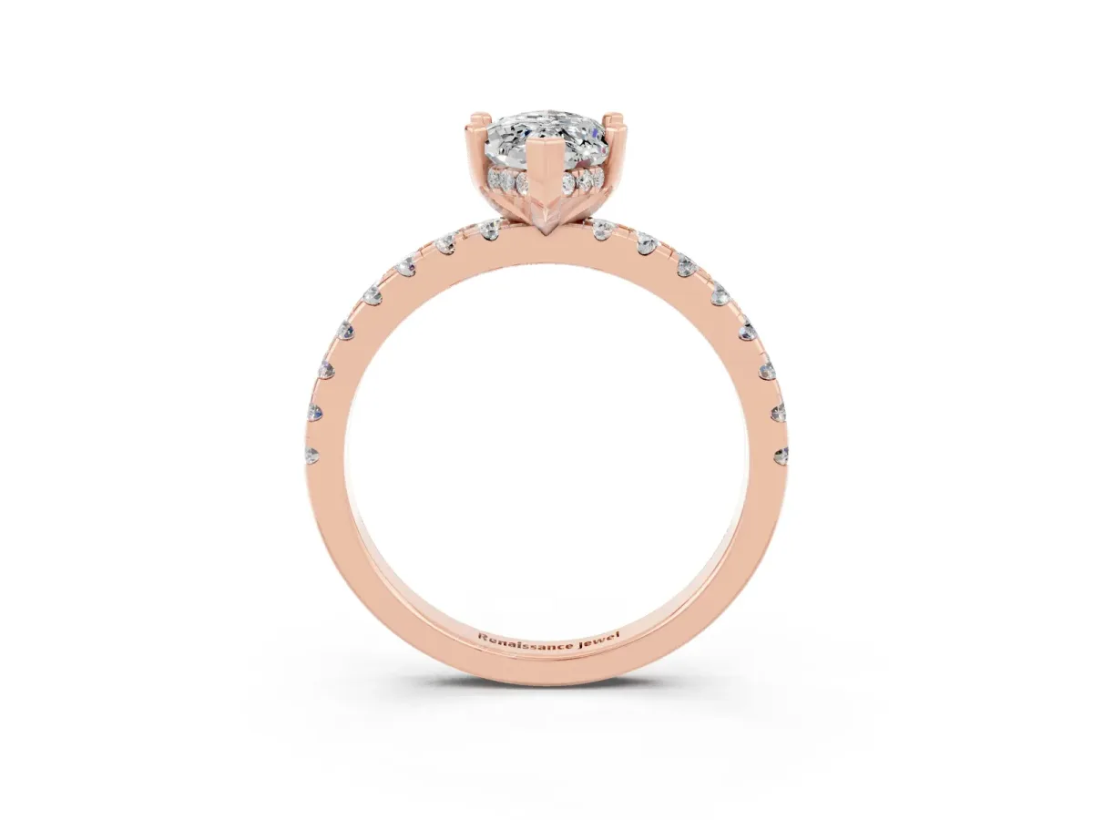 Marquise Cut Moissanite Solitaire Ring with Round Pavé Band and Four-Prong Setting Rose gold