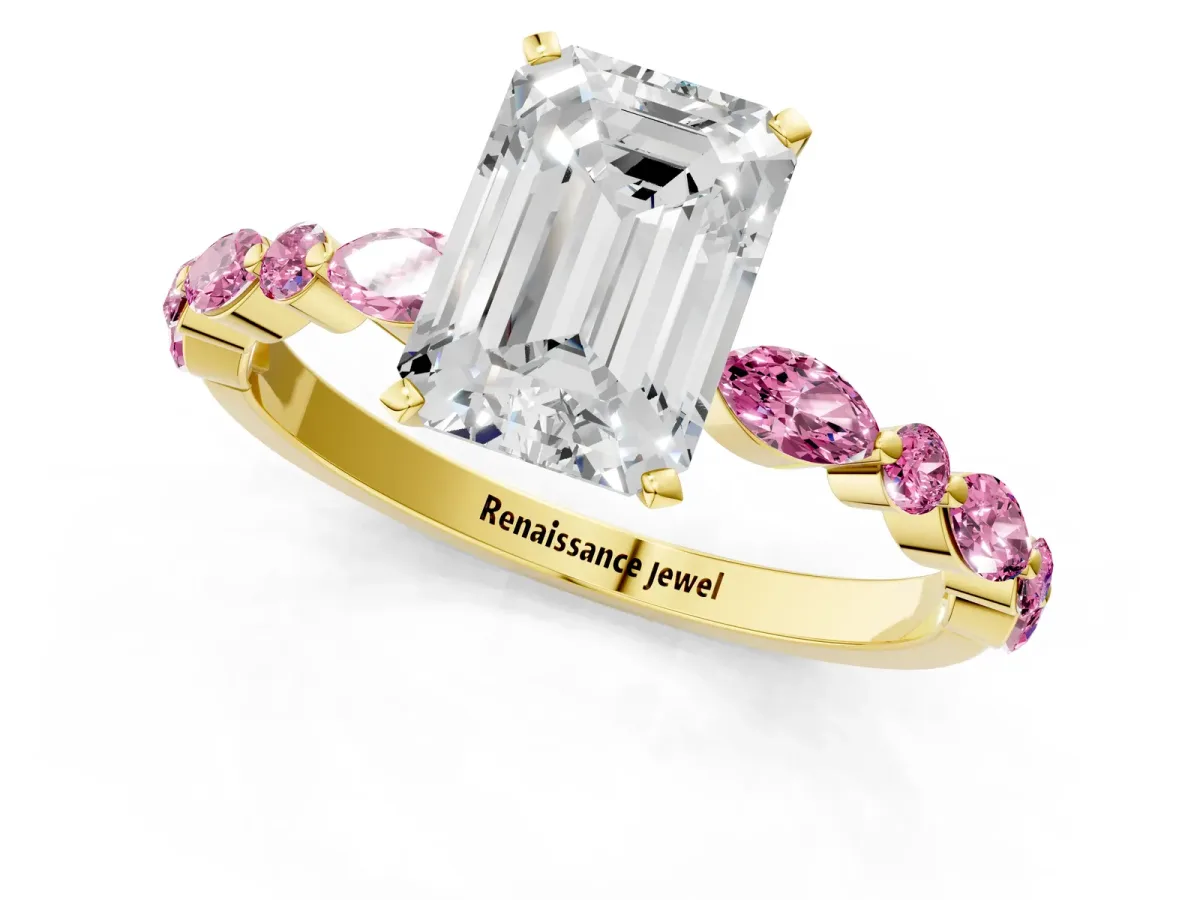 Emerald Cut Diamond Ring with Marquise and Round Pink Sapphire Side Stones and Four-Prong Setting Yellow gold