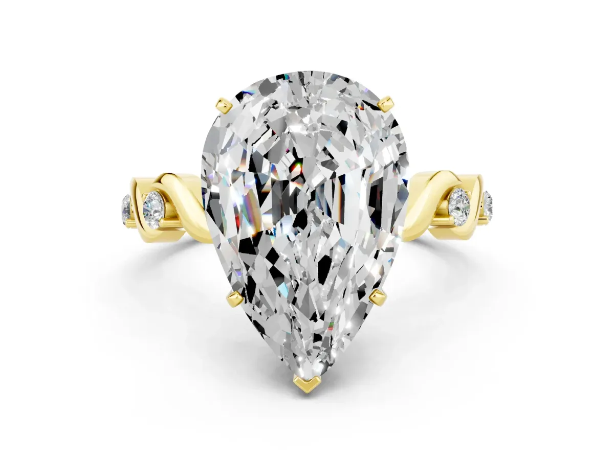 Pear Cut Moissanite Solitaire Twisted Band with Round Accents and Prong Setting Yellow gold