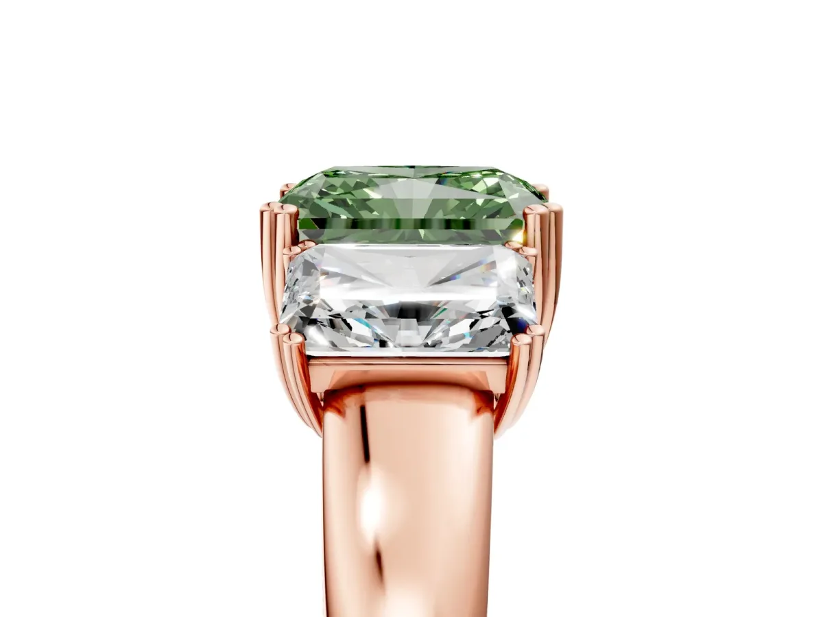 Fancy Green Three-Stone Radiant Cut Cut Diamond Ring with Channel Set Band and Four-Prong Setting Rose gold