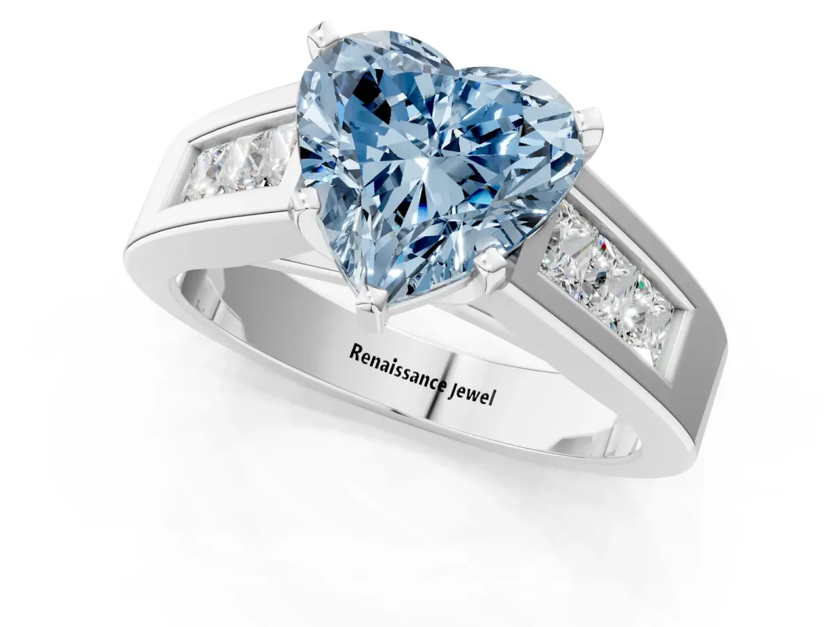 Fancy Blue Heart Cut Cut Channel Set Solitaire Ring with Four-Prong Setting Silver