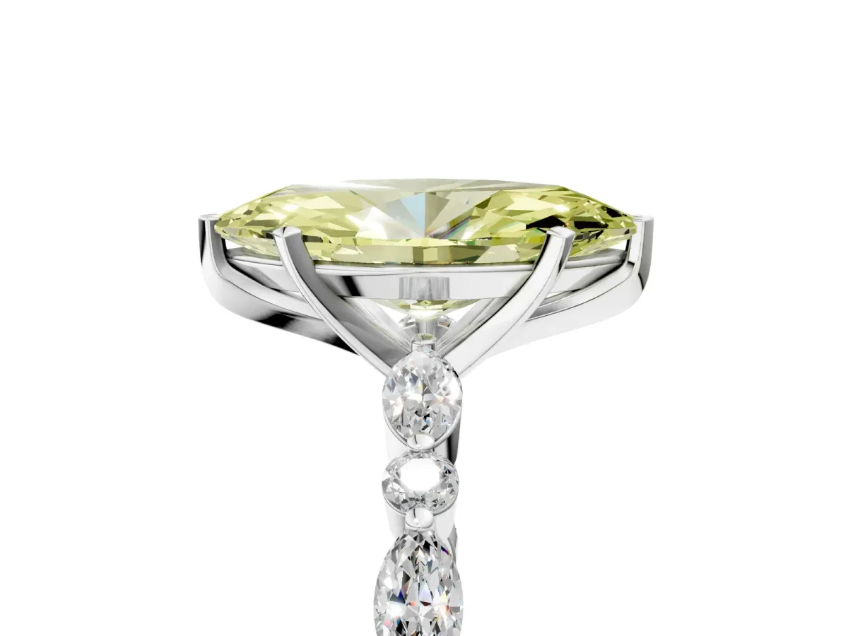 Fancy Yellow Marquise Cut Diamond Ring with Marquise and Round Side Stones and Four-Prong Setting White gold