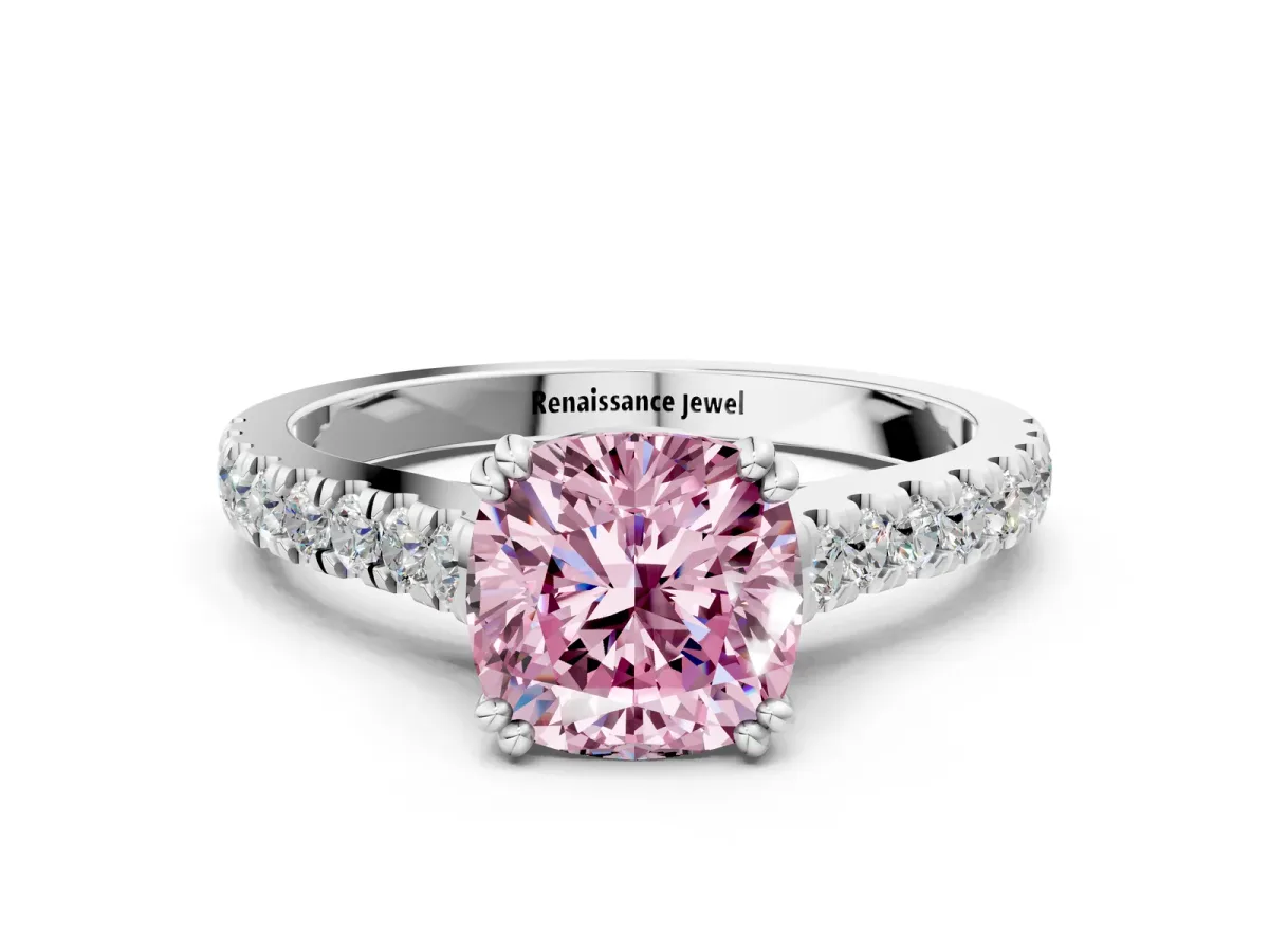Fancy Pink Cushion Cut Solitaire Pave Diamond Engagement Ring with Prong Setting White gold