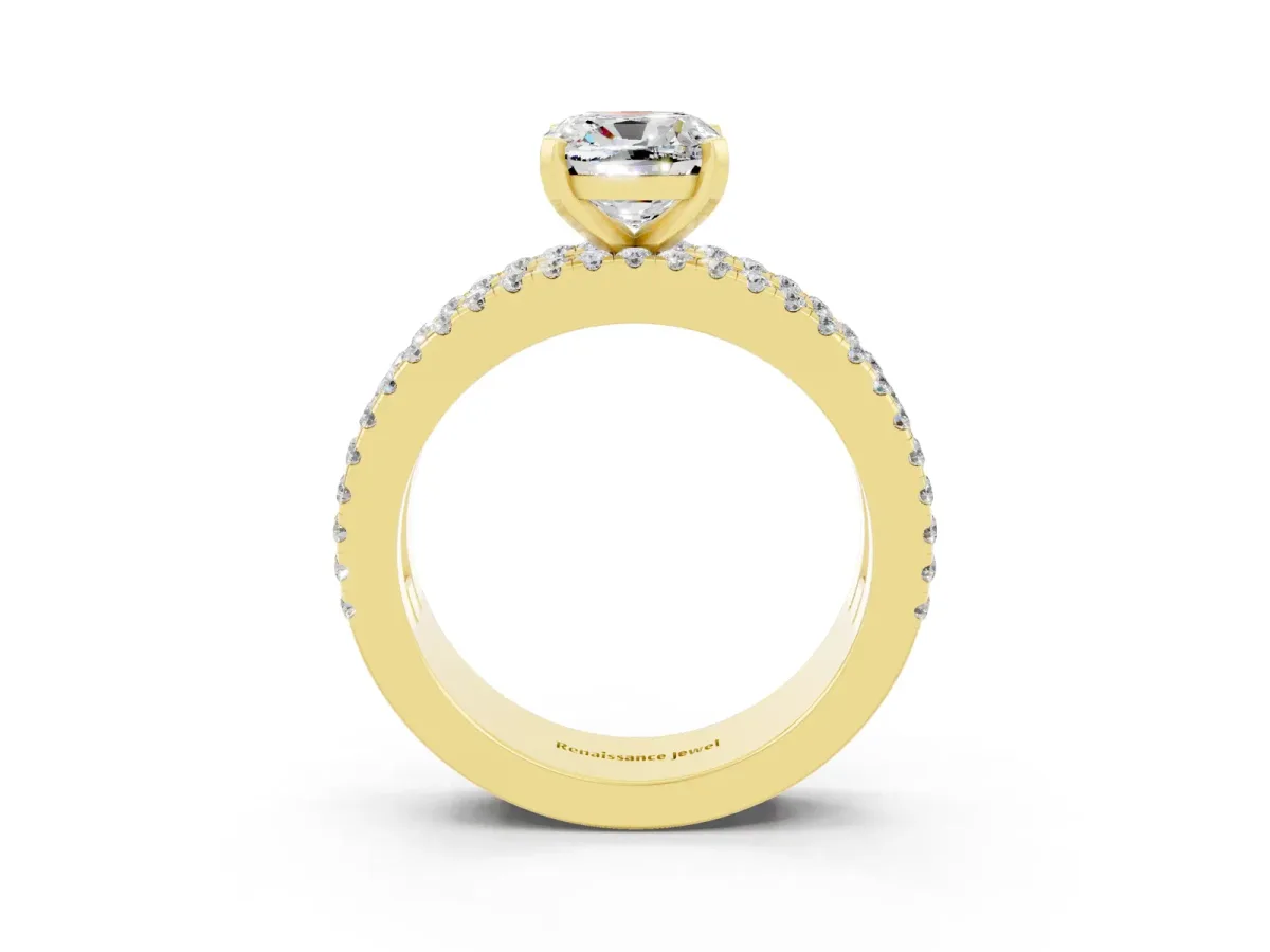 Cushion Cut Moissanite Solitaire Ring with Pavé and Channel Set Band Yellow gold