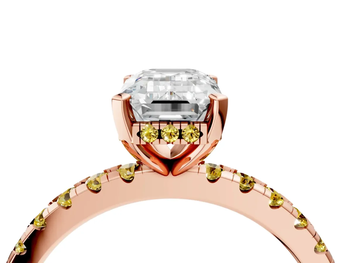Emerald Cut Diamond Solitaire Ring with Round Yellow Sapphire Pavé Band and Four-Prong Setting Rose gold
