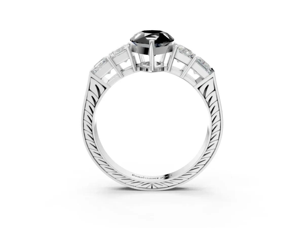 Fancy Black Pear Cut Solitaire Princess Side Stone Engraved Band Prong Setting Ring Silver