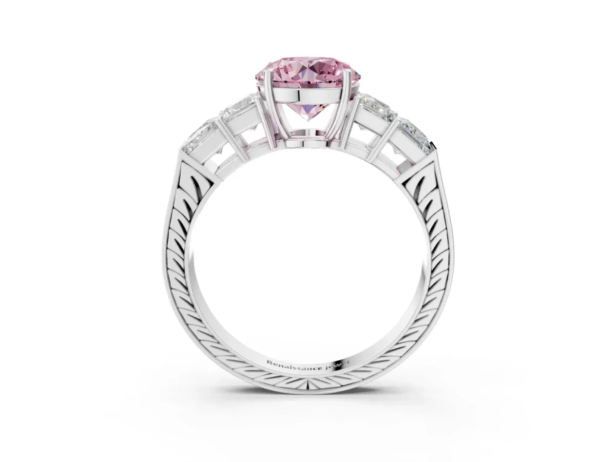 Fancy Pink Round Cut Solitaire Princess Side Stone Engraved Band Prong Setting Ring Silver