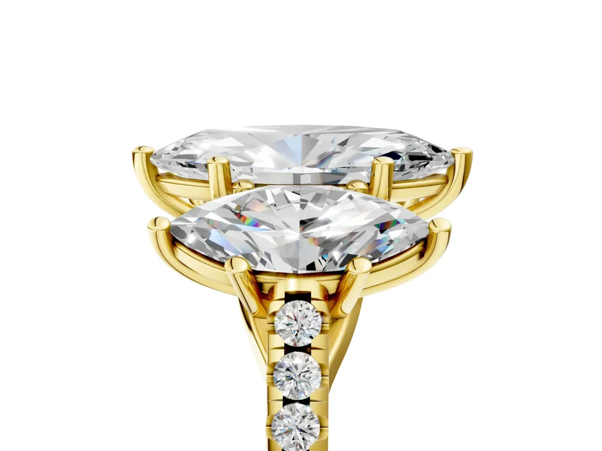 Three-Stone Marquise Cut Diamond Ring with Round Moissanite Pavé Band and Prong Setting Yellow gold