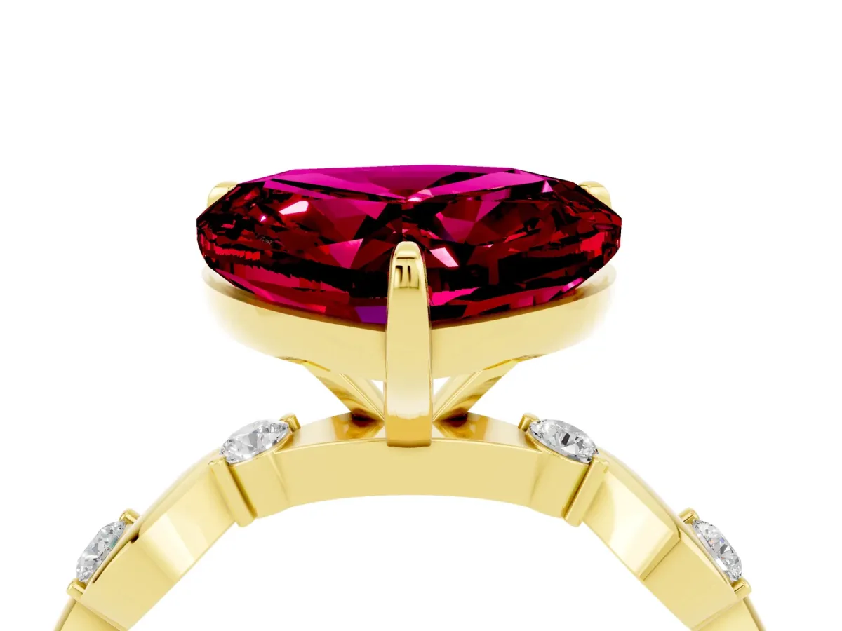 Heart Cut Garnet Solitaire Twisted Band with Round Accents and Prong Setting Yellow gold