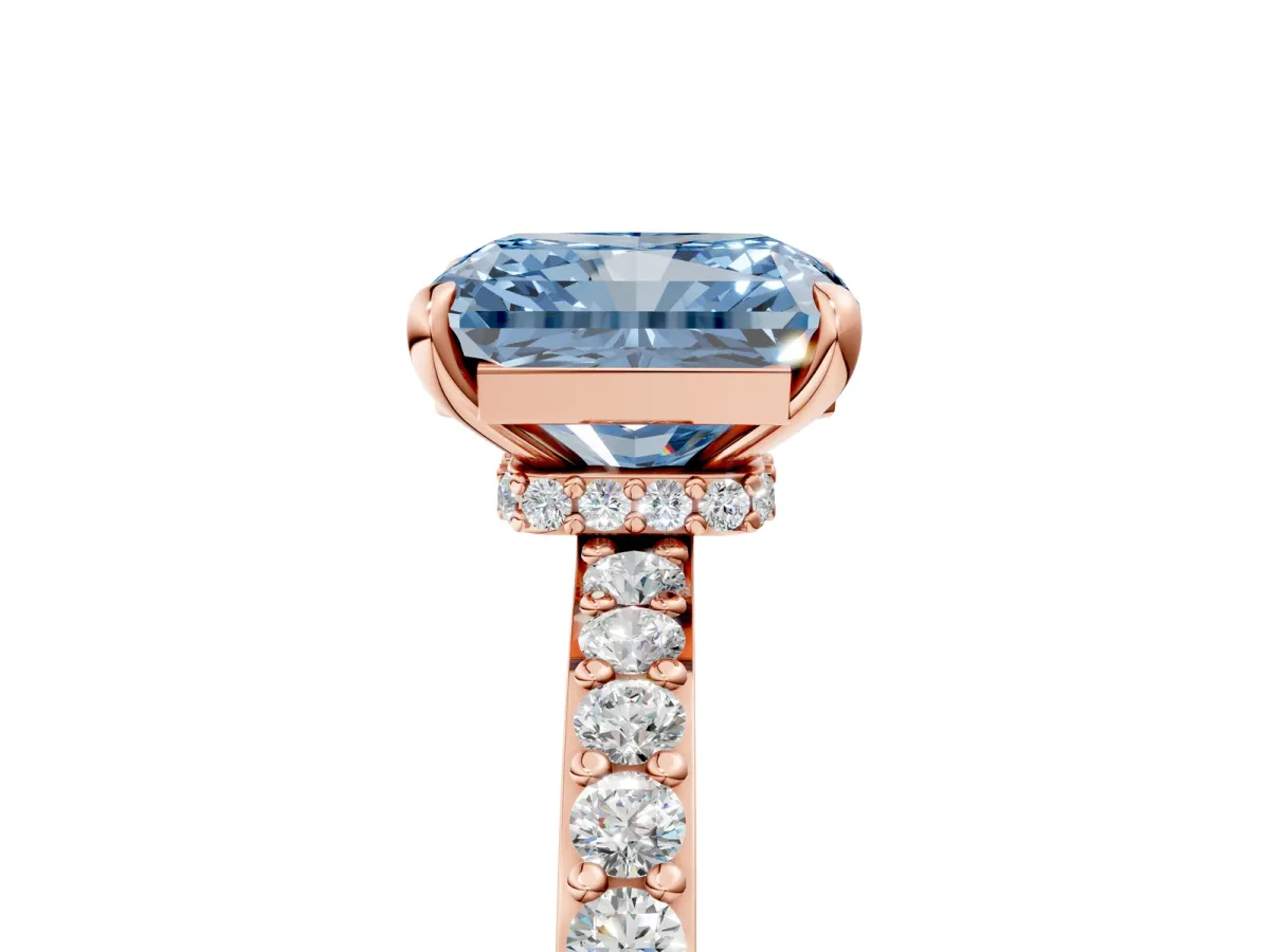 Fancy Blue Radiant Cut Diamond Solitaire Engagement Ring with Pavé Band and Four-Prong Setting Rose gold