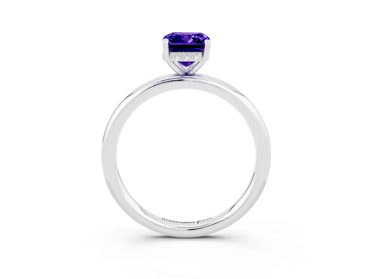 Emerald Cut Tanzanite Solitaire Ring with Thin Band and Four-Prong Setting White gold