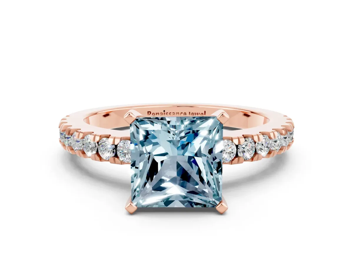 Princess Cut Solitaire Aquamarine with Pavé Band and Four-Prong Setting Rose gold