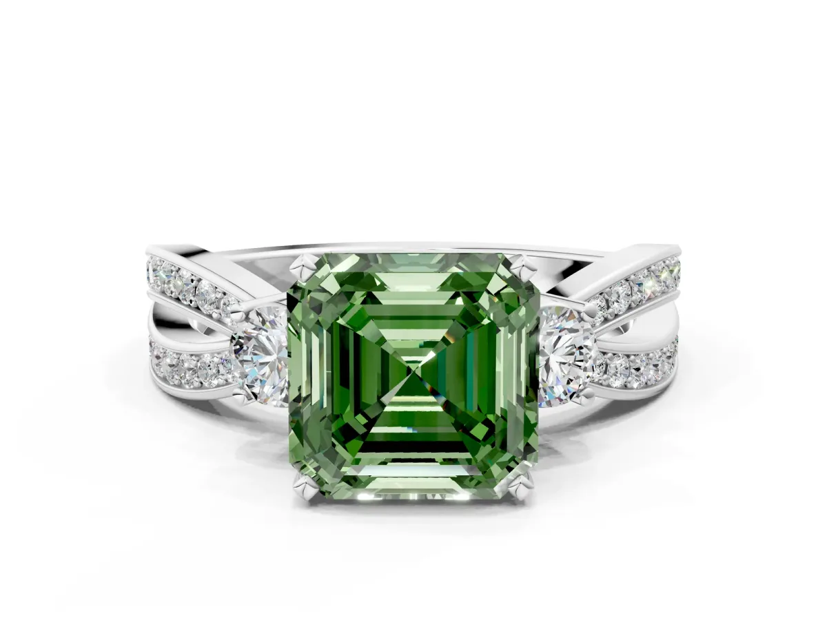 Fancy Green Three-Stone Asscher Cut Cut Diamond Twist Band with Prong Setting Platinum