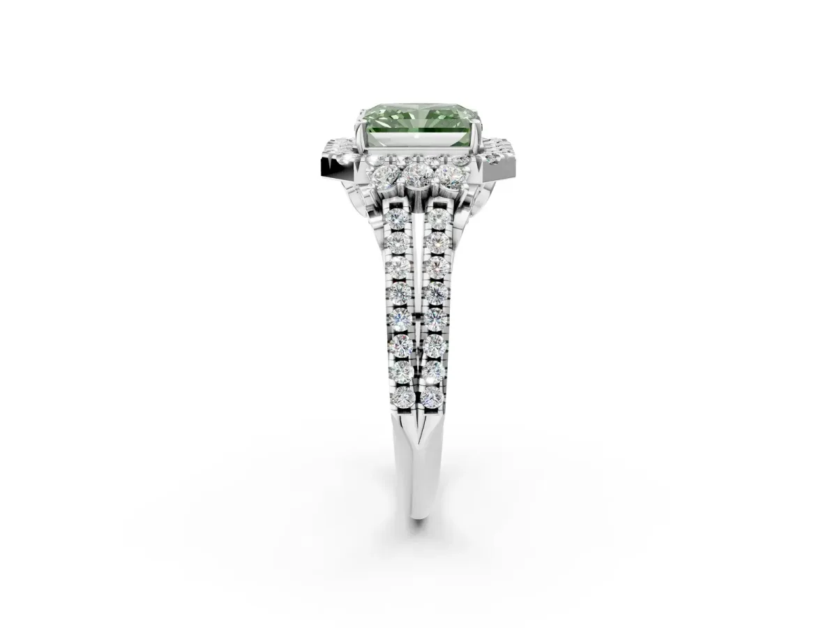 Fancy Green Radiant Cut Cut Double Halo Diamond Engagement Ring with Pave Band and Four-Prong Setting Platinum