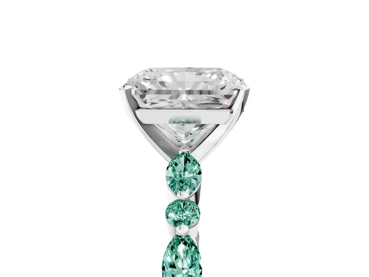 Radiant Cut Diamond Ring with Marquise and Round Green Sapphire Side Stones and Four-Prong Setting Silver