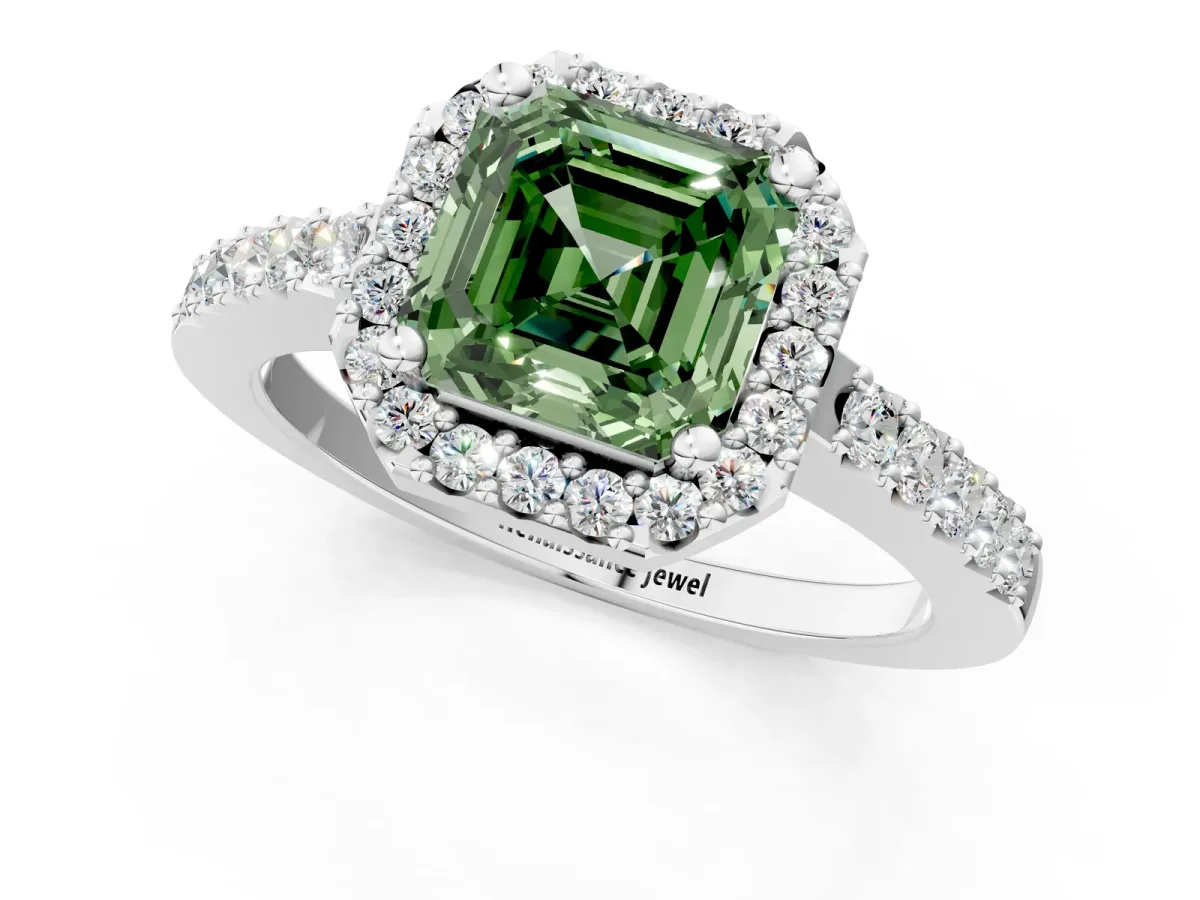 Fancy Green Asscher Cut Halo Diamond Pavé Solitaire Ring Silver
