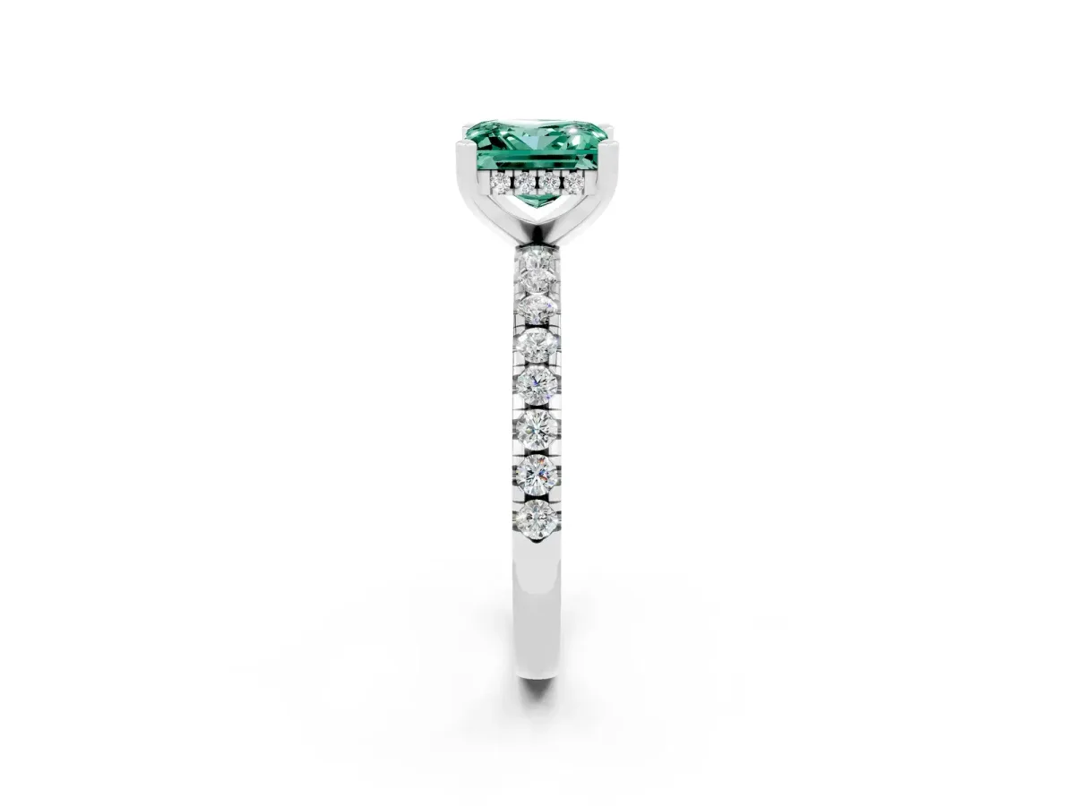 Princess Cut Green Sapphire Solitaire Ring with Round Pavé Band and Four-Prong Setting White gold