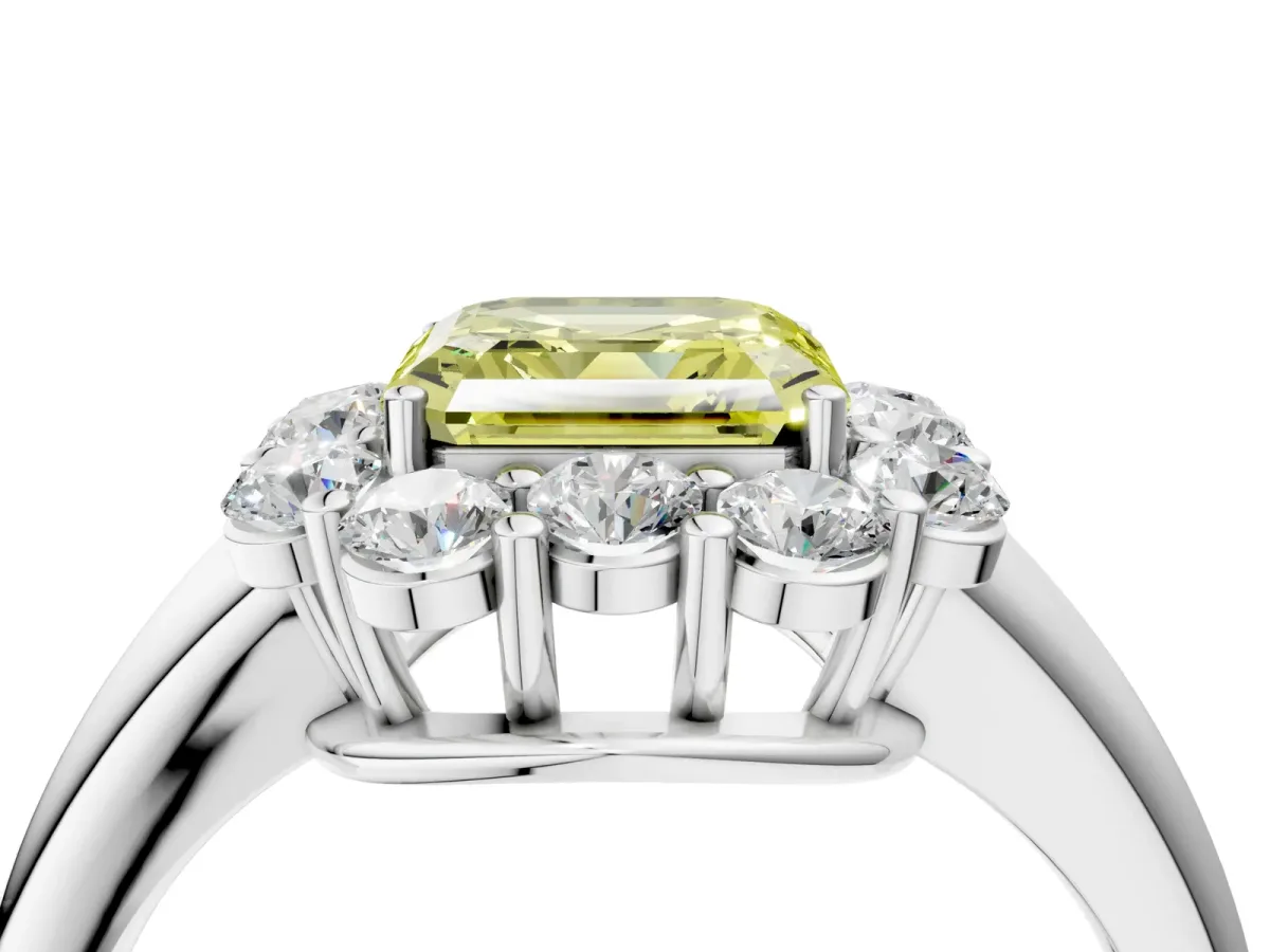 Fancy Yellow Asscher Cut Halo Milgrain Solitaire with Bezel Set Side Stones and Pave Band Platinum