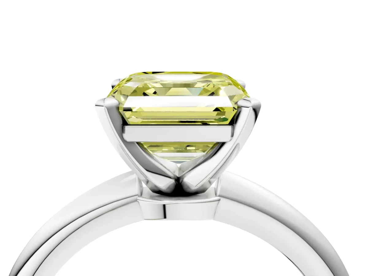 Fancy Yellow Asscher Cut Diamond Solitaire Ring with Six-Prong Setting and Classic Band Silver