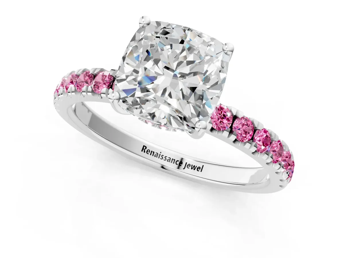 Cushion Cut Diamond Pave Band Solitaire Ring with Round Pink Sapphire and Prong Setting White gold
