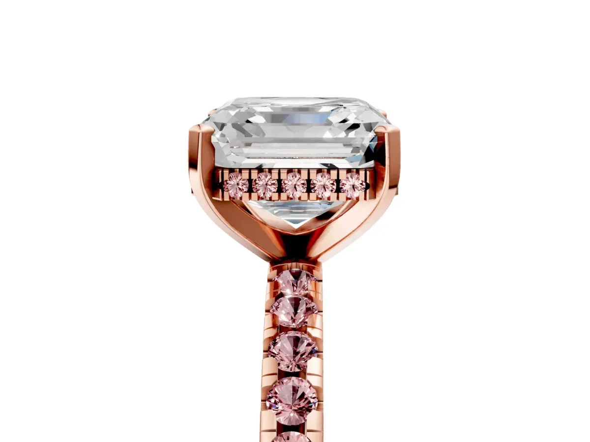 Asscher Cut Diamond Solitaire Ring with Round Morganite Pavé Band and Four-Prong Setting Rose gold