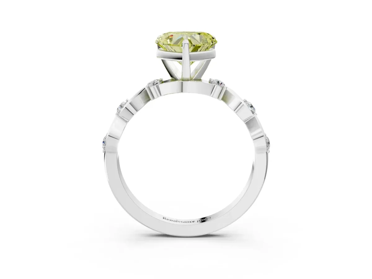 Fancy Yellow Heart Cut Diamond Solitaire Twisted Band with Round Accents and Prong Setting White gold