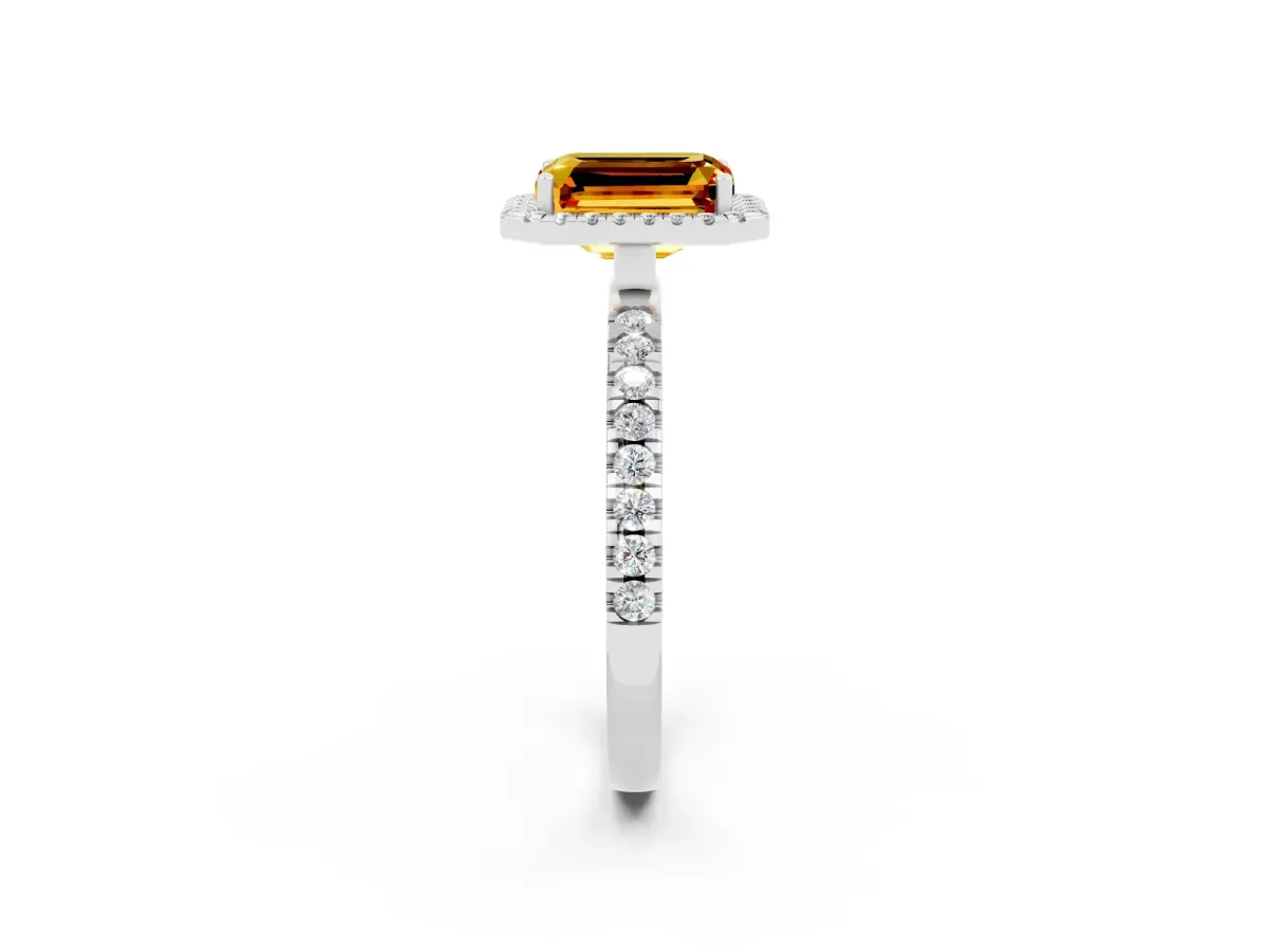 Emerald Cut Citrine Classic Halo Engagement Ring with Round Pavé Band and Prong Setting White gold