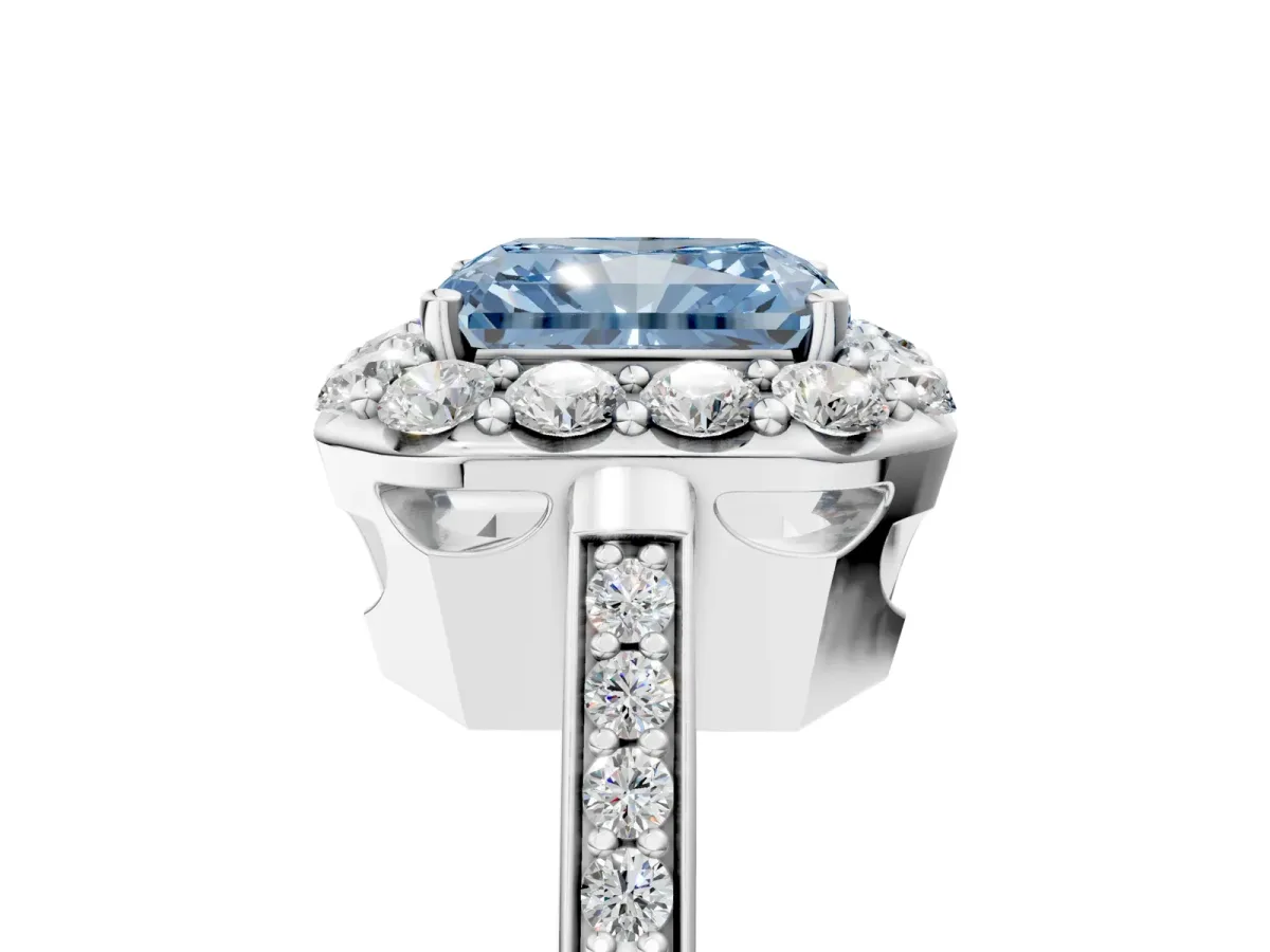 Fancy Blue Radiant Cut Diamond Floral Halo Ring with Pavé Band and Prong Setting Platinum
