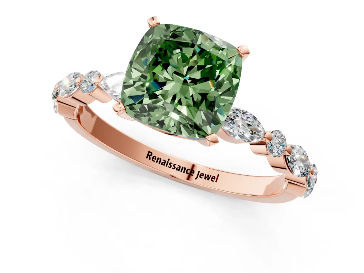 Fancy Green Cushion Cut Diamond Ring with Marquise and Round Side Stones and Four-Prong Setting Rose gold