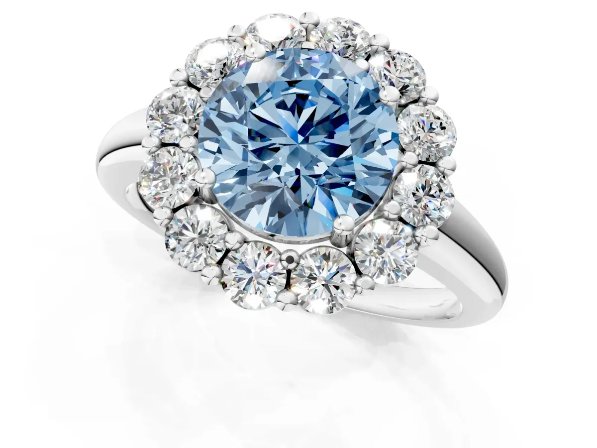 Fancy Blue Round Cut Halo Cluster Diamond Engagement Ring with Prong Setting and Polished Band White gold