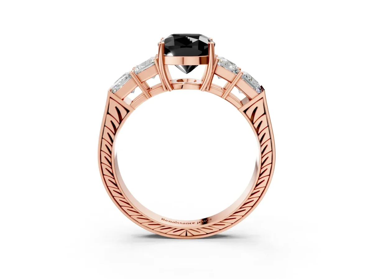 Fancy Black Cushion Cut Solitaire Princess Side Stone Engraved Band Prong Setting Ring Rose gold