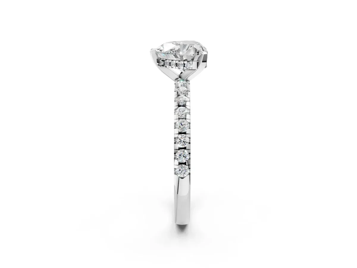 Heart Cut Diamond Solitaire Ring with Round Moissanite Pavé Band and Four-Prong Setting White gold