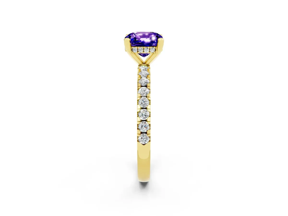 Cushion Cut Tanzanite Solitaire Ring with Round Pavé Band and Four-Prong Setting Yellow gold