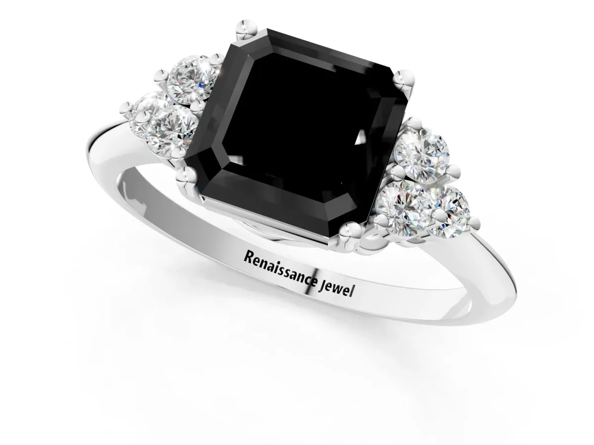 Fancy Black Asscher Cut Cut Diamond Cluster Ring with Solitaire Band and Four-Prong Setting Platinum