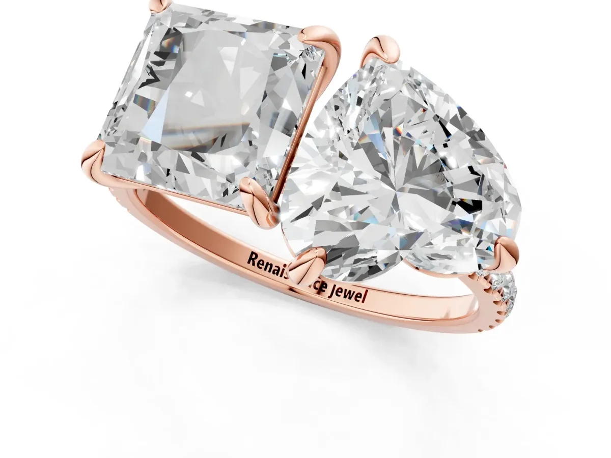 Heart and Princess Toi Moi Ring with Prong Setting and Pave Band Rose gold