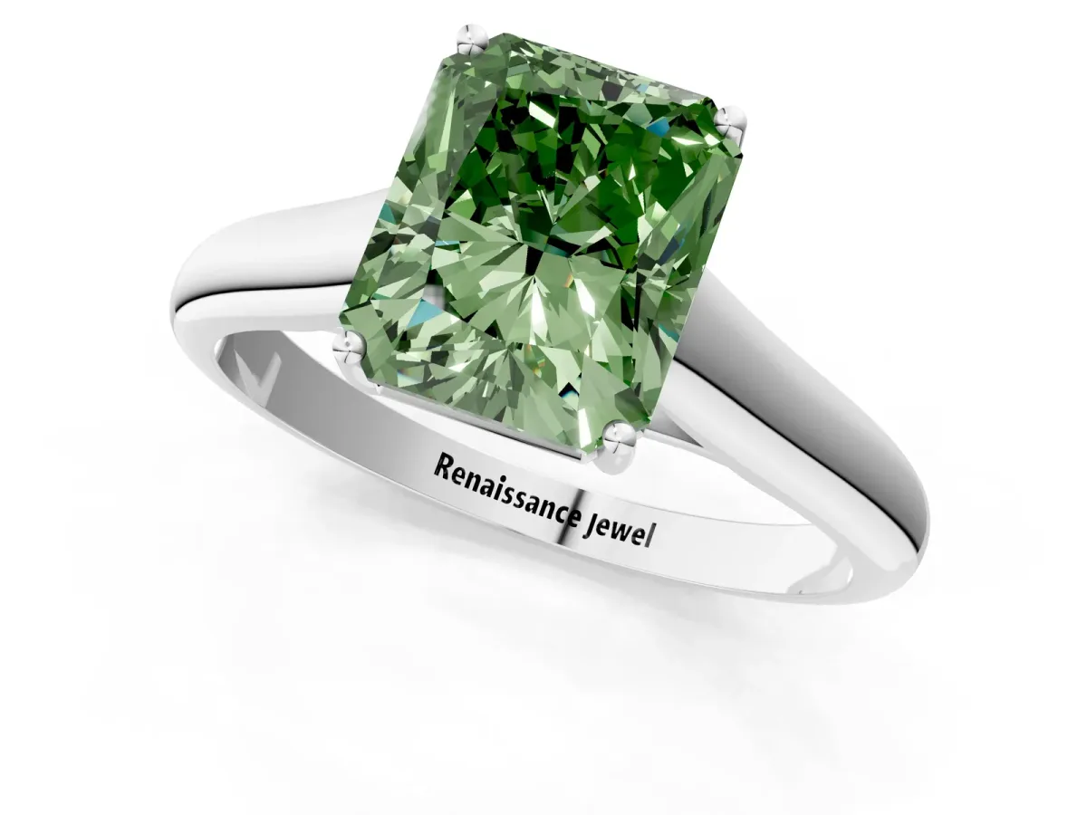 Fancy Green Radiant Cut Solitaire Engagement Ring with Tapered Band and Four-Prong Setting Platinum
