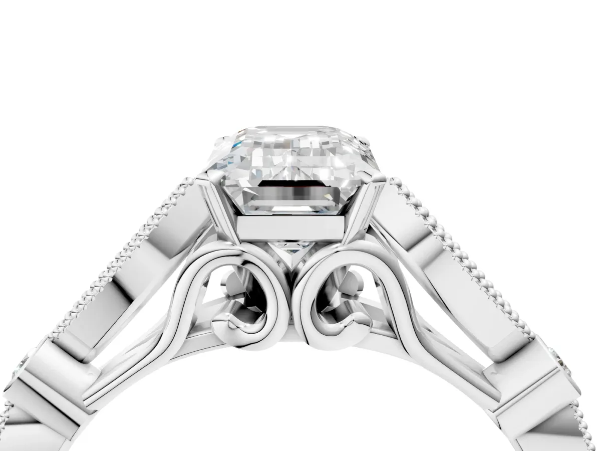 Emerald Cut Cut Diamond with Milgrain Marquise and Bezel Accents on a Solitaire Band with Prong Setting Platinum