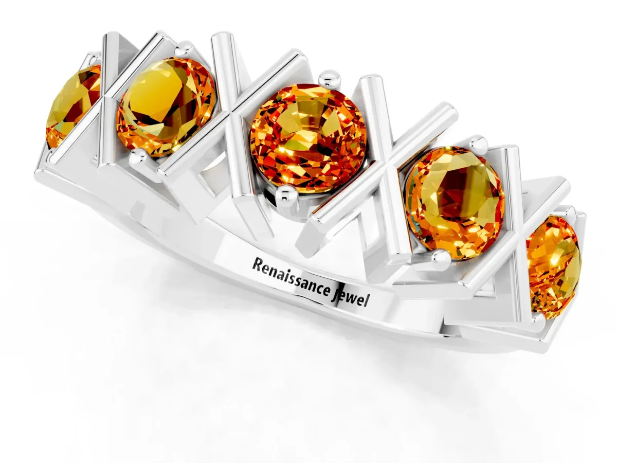 Round Citrine Channel Set Band with X-Prong Detail Platinum