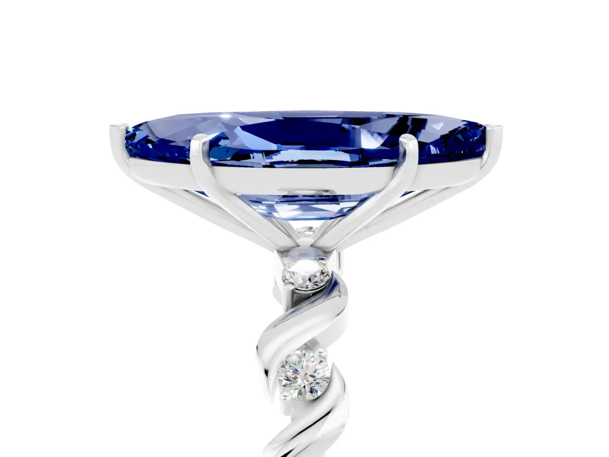 Marquise Cut Blue Sapphire Solitaire Twisted Band with Round Accents and Prong Setting White gold